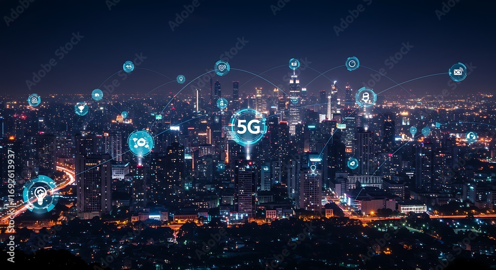 Obraz premium Night city skyline 5 g network
