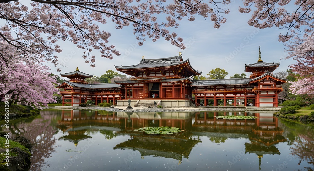 Fototapeta premium Cherry blossoms and temple reflection