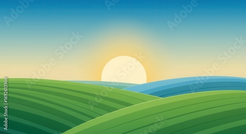 Gentle hills of lush green grass stretch towards a vibrant sunrise.