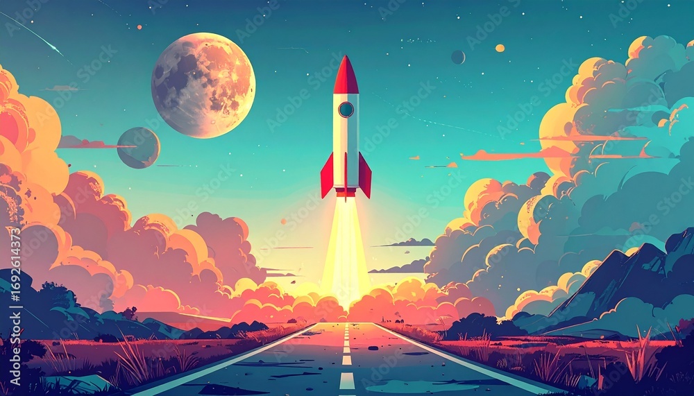 Obraz premium ロケットが発射するイラスト(ビジネスロードマップ)