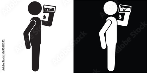 Person Drinking Water from Glass Icon with Spill, Black and White Contrast
