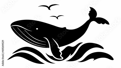 Silhouette of a whale breaching the water with two birds flying above on a white background illustration