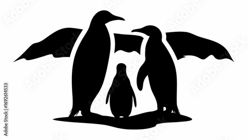 Silhouetted penguins standing together with wings spread in a snowy environment in black and white art