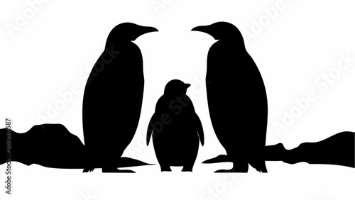 Silhouette of two adult penguins standing on ice with a baby penguin in the middle on a white background