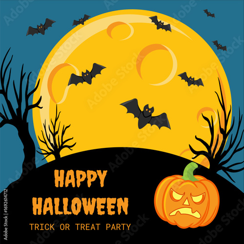 Vector Halloween invitation design with scary trees, full moon, bats and pumpkins on dark background. Clean vector Halloween flyer or postcard showing haunted trees, full moon, flying bats and pumpkin