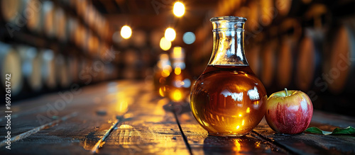 Apple cider vinegar in a glass decanter on a rustic wooden table.
