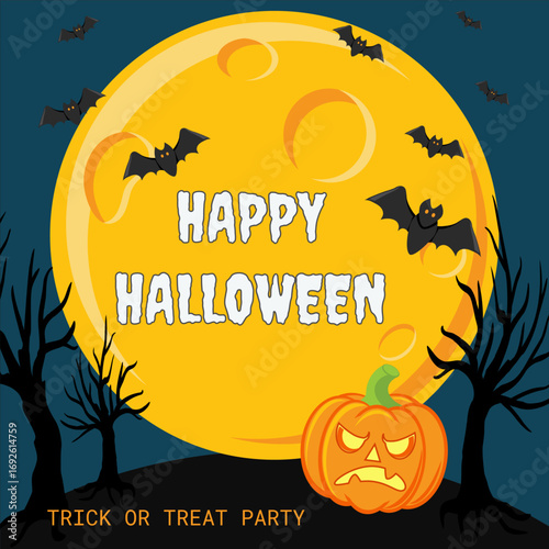 Vector Halloween invitation design with scary trees, full moon, bats and pumpkins on dark background. Clean vector Halloween flyer or postcard showing haunted trees, full moon, flying bats and pumpkin