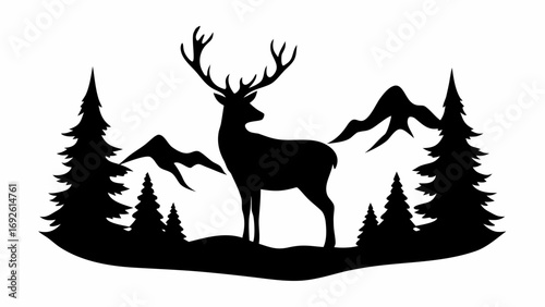Silhouette of a deer with large antlers standing in a forest with mountains in the background scenery view