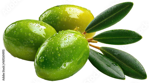 Wallpaper Mural Olive Still Life: A close-up shot of vibrant green olives with glistening droplets of water, accompanied by fresh, verdant olive leaves. It's a picture of freshness. Torontodigital.ca