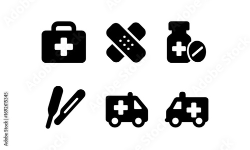 Medical emergency icons collection featuring ambulance, first aid kit, and medicine in bold silhouette style