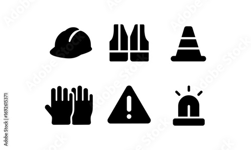 Essential safety equipment icons: hard hat, vest, cone, gloves, warning sign, light