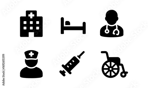 Medical icons set: hospital, bed, doctor, nurse, syringe, wheelchair