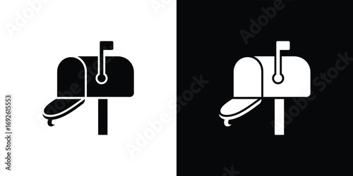 Classic Mailbox Icon With Up Flag, Mail Delivery Box Silhouette, Black and White