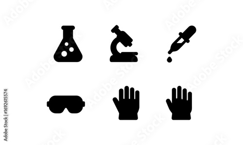 Science lab icons set featuring microscope and protective gear in silhouette style