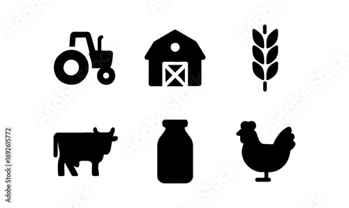 Silhouette farm icons: tractor, barn, wheat, cow, milk, chicken