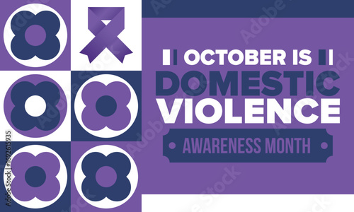 Domestic Violence Awareness Month in October. Celebrate annual in United States. Awareness purple ribbon. Day of Unity. Prevention campaign. Stop women abuse. Poster, banner and background. Vector