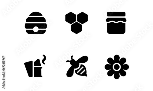 Minimalist black silhouette icons of bee, hive, honeycomb, and flower