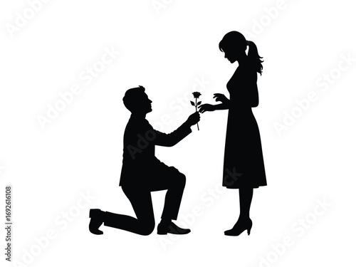 silhouette vector illustration of a man kneeling to give flowers to a woman isolated with white background 