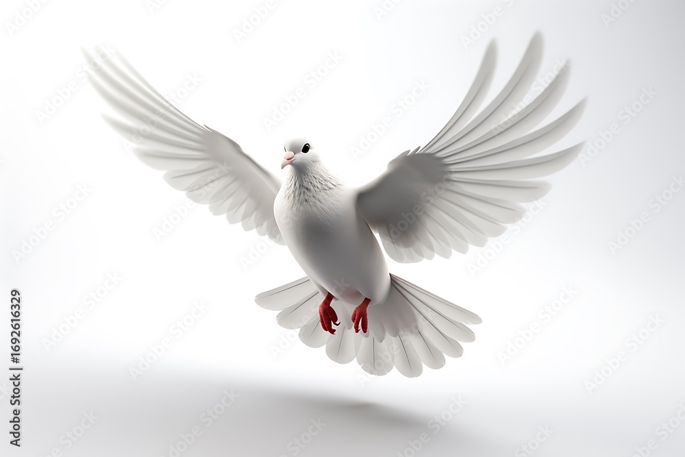 Fototapeta premium A graceful white dove in mid-flight with outstretched wings against a soft, light background