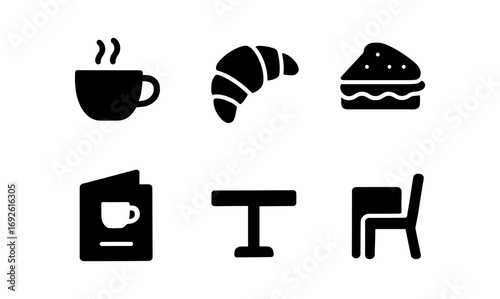 Minimalist food and drink silhouettes: coffee, croissant, sandwich, menu, table, chair