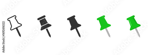 Vector push pin illustration set in outline, black, and green styles. Thumbtack icons for reminders, notes, corkboards, maps, office stationery, and digital design use