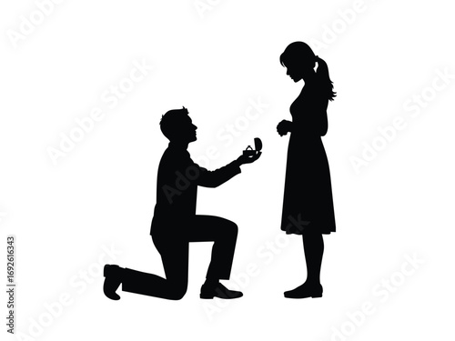 silhouette vector illustration of a man kneeling to give a ring to a woman isolated on white background 