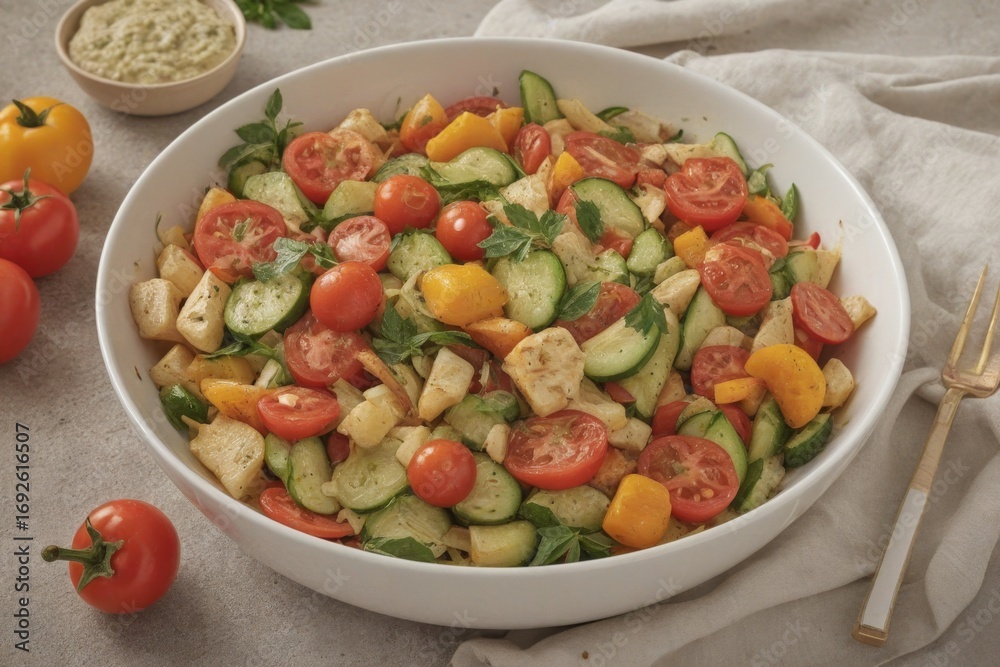 Frischer Gemüsesalat mit Tomaten, Gurken, Zucchini und Olivenöl, bunter mediterraner Salat, gesund, vegan, leichtes Mittagessen, frische Zutaten, hausgemacht Frischer Gemüsesalat mit Tomaten, Gurken, Zucchini und Olivenöl, bunter mediterraner Salat, gesund, vegan, leichtes Mittagessen, frische Zutaten, hausgemacht