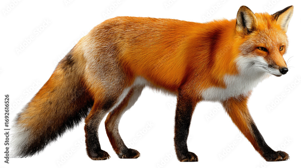 Obraz premium Red Fox in Motion: A majestic red fox, its vibrant russet fur and alert gaze, walks confidently, portraying the beauty of wilderness in a photorealistic style.