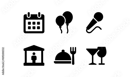 Celebration and event symbols including calendar, balloons, microphone, stage, dining, and drinks