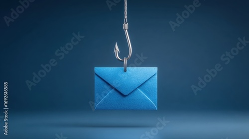 Blue envelope on a fishing hook against a dark background illustrating themes of communication, connection, and phishing attacks in digital security