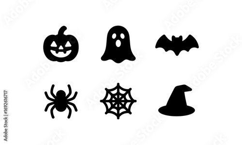 Spooky halloween icons featuring pumpkin, ghost, bat, spider, web, and witch hat silhouettes