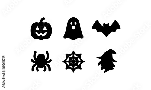 Halloween silhouette set: pumpkin, ghost, bat, spider, web, witch