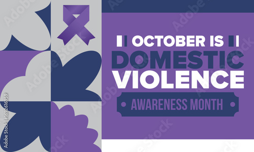 Domestic Violence Awareness Month in October. Celebrate annual in United States. Awareness purple ribbon. Day of Unity. Prevention campaign. Stop women abuse. Poster, banner and background. Vector