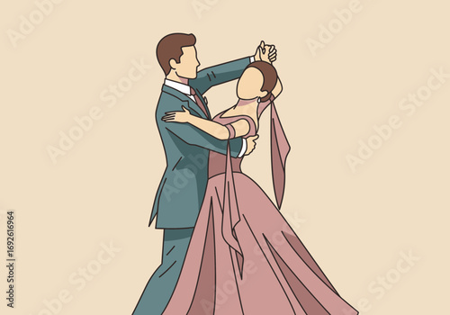 Couple dancing in formal attire, man leads woman in gown.
