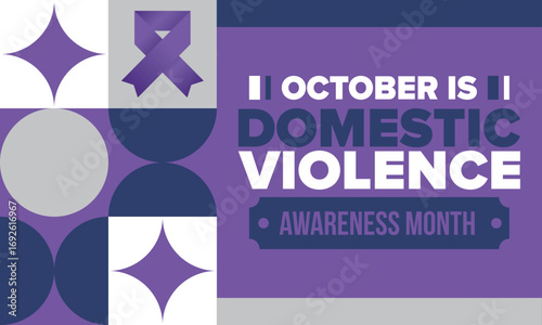 Domestic Violence Awareness Month in October. Celebrate annual in United States. Awareness purple ribbon. Day of Unity. Prevention campaign. Stop women abuse. Poster, banner and background. Vector