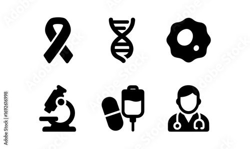 Medical icons set featuring healthcare symbols and science tools in bold black silhouette