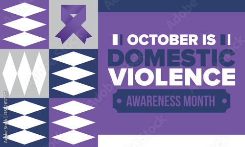 Domestic Violence Awareness Month in October. Celebrate annual in United States. Awareness purple ribbon. Day of Unity. Prevention campaign. Stop women abuse. Poster, banner and background. Vector