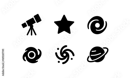 Space icons: telescope, star, galaxy, and planet symbols in black