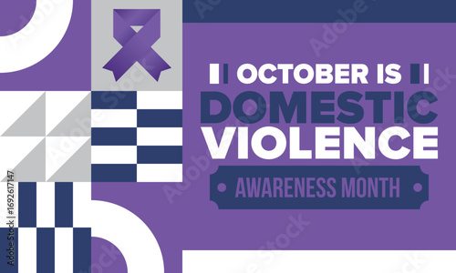 Domestic Violence Awareness Month in October. Celebrate annual in United States. Awareness purple ribbon. Day of Unity. Prevention campaign. Stop women abuse. Poster, banner and background. Vector