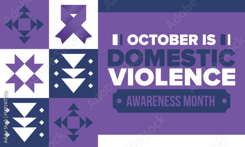 Domestic Violence Awareness Month in October. Celebrate annual in United States. Awareness purple ribbon. Day of Unity. Prevention campaign. Stop women abuse. Poster, banner and background. Vector