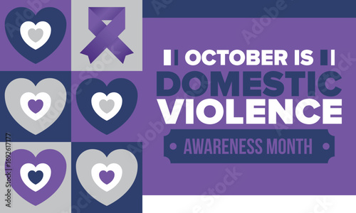 Domestic Violence Awareness Month in October. Celebrate annual in United States. Awareness purple ribbon. Day of Unity. Prevention campaign. Stop women abuse. Poster, banner and background. Vector
