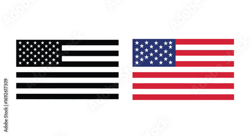 Two contrasting representations of the American flag, one in black and white, the other in color.