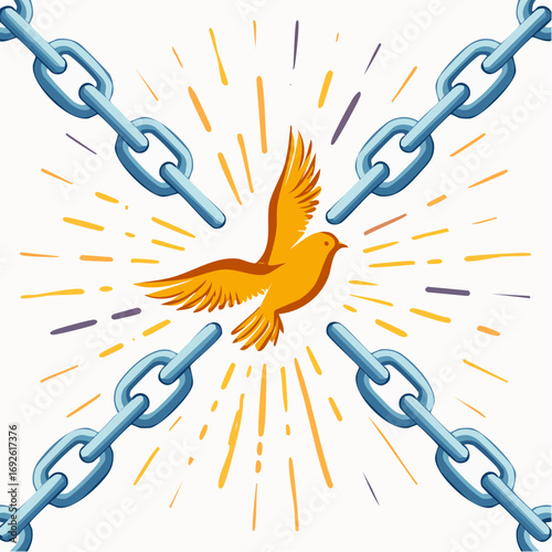 Vector illustration of bird breaking chains symbolizing freedom and liberation