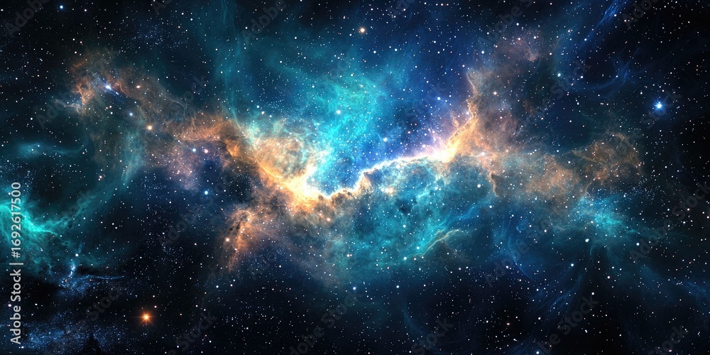 Fototapeta premium Sci-fi space scene with glowing aurora-like nebula and shimmering star clusters