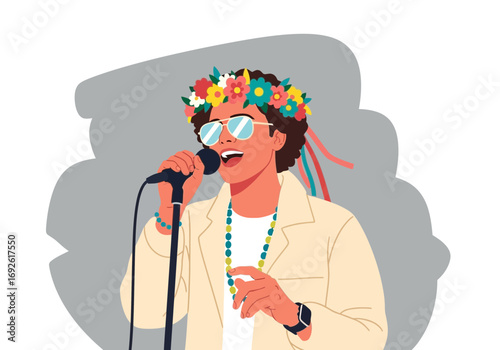 Person wearing flower crown sings into microphone with beaded necklace.