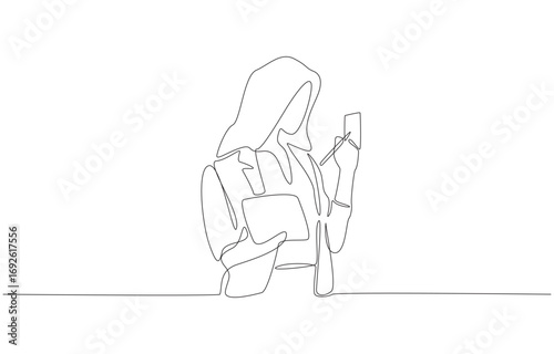 Continuous one line drawing of businesswoman writing on sticky notes, symbolizing work reminder, memo text, single line art.