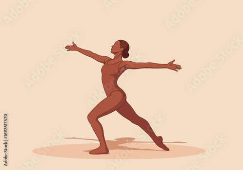 Woman in a yoga pose with arms outstretched and legs apart.