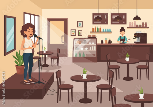 Woman sings on stage in a cafe with tables and a bar.