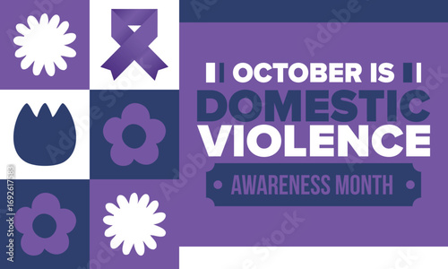 Domestic Violence Awareness Month in October. Celebrate annual in United States. Awareness purple ribbon. Day of Unity. Prevention campaign. Stop women abuse. Poster, banner and background. Vector