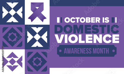 Domestic Violence Awareness Month in October. Celebrate annual in United States. Awareness purple ribbon. Day of Unity. Prevention campaign. Stop women abuse. Poster, banner and background. Vector